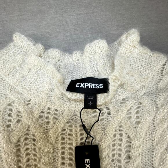 New Express Ruffle Mock Neck Pointelle Peplum Sweater White Gold Glam Holiday S - Picture 8 of 11